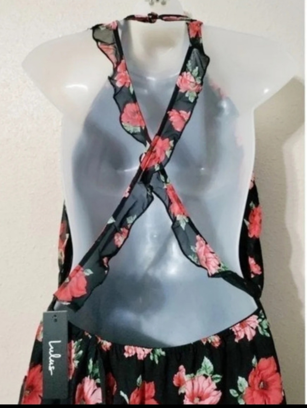 Lulu’s Black Floral Halter Maxi Dress Size Small Open Back Flowy Boho - Picture 3 of 4